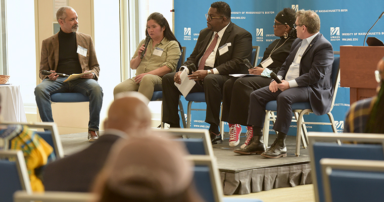 Moderator Yawu Miller, Lisette Le, Stan McLaren, Queenie Santos, and Frank Baker