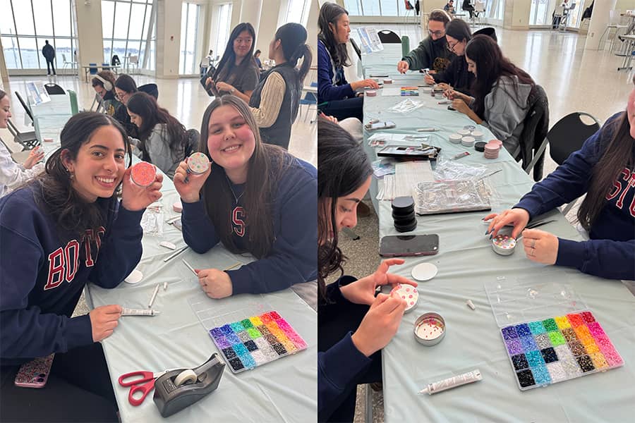 Students creating beaded bracelets and other crafts.